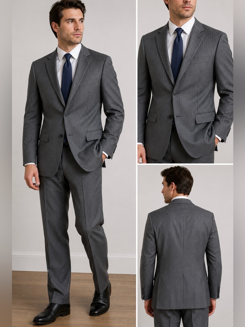 JOS A BANKS 2 PIECE SUIT GREY WITH PINSTRIPES COAT SIZE 41R PANTS SIZE 35R